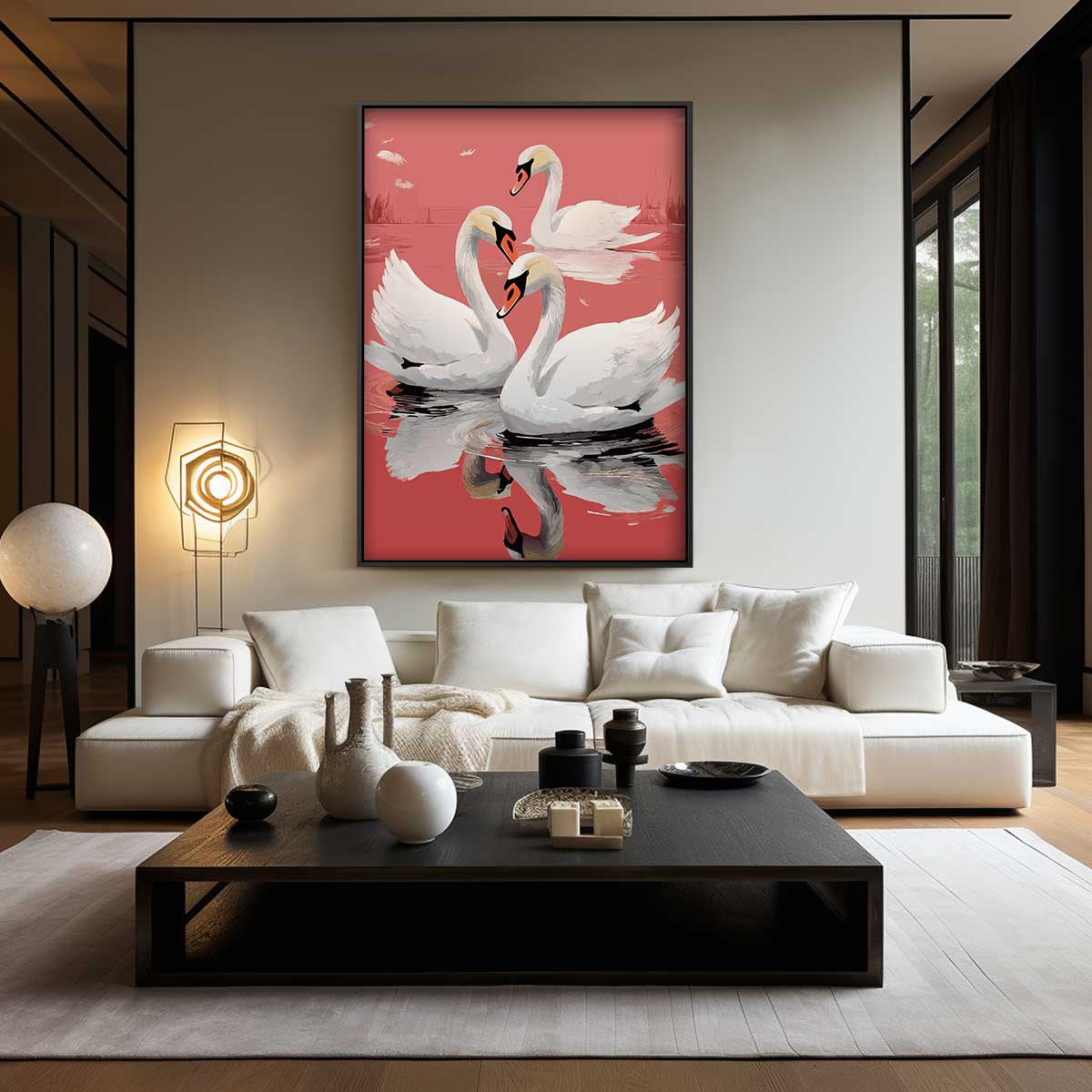 Elegante Zwanen in Rustig Water Kunstwerk-canvas-dibond-plexiglas-wanddecoratie-WallArtistic
