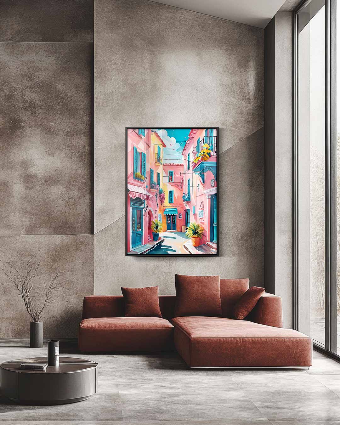 Kleurrijke Mediterrane Straat Kunstwerk-canvas-dibond-plexiglas-wanddecoratie-WallArtistic