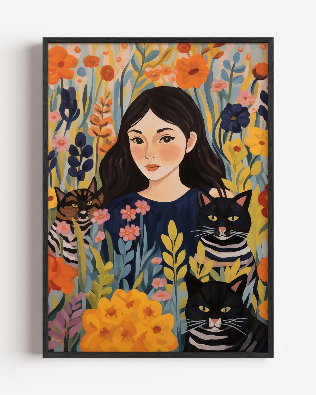 Bloemenpracht met Vrouw en Katten Poster-WallArtistic