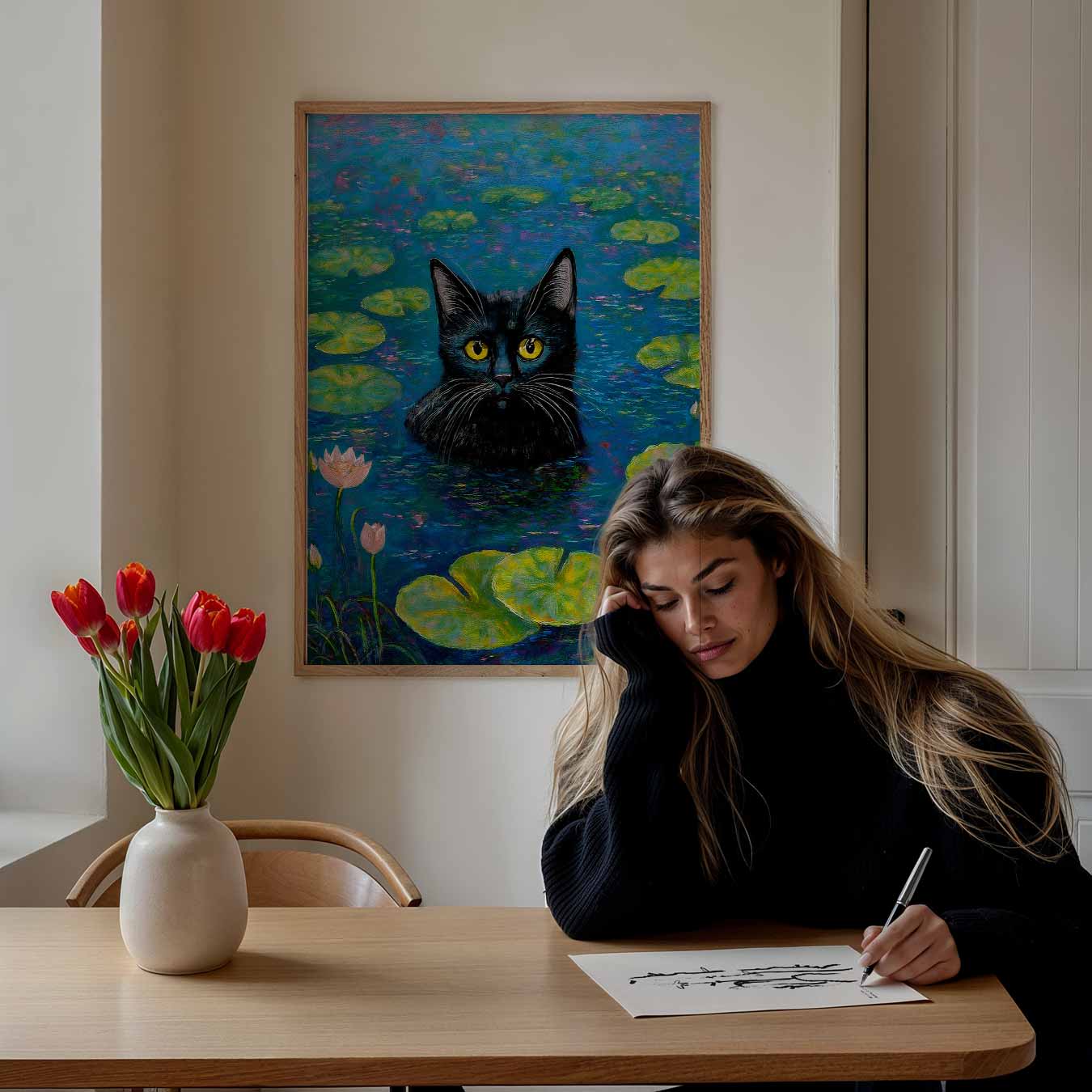 Mystieke Zwarte Kat op Waterlelies Poster
