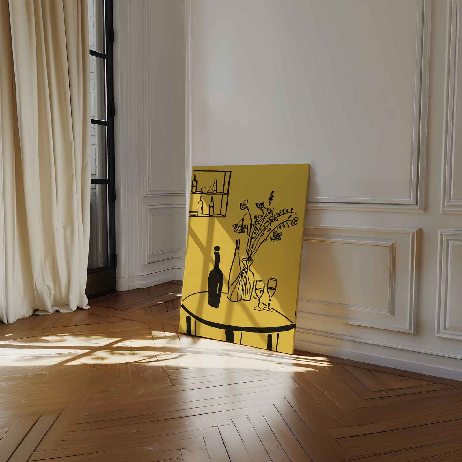 Lijnkunst Stillleven op Gele Achtergrond Kunstwerk-canvas-dibond-plexiglas-wanddecoratie-WallArtistic