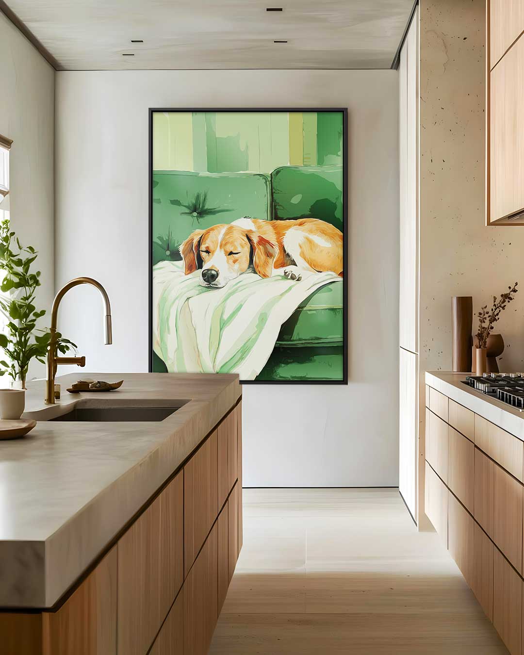Snoezige Hond op Groen Bankje Kunstwerk-canvas-dibond-plexiglas-wanddecoratie-WallArtistic