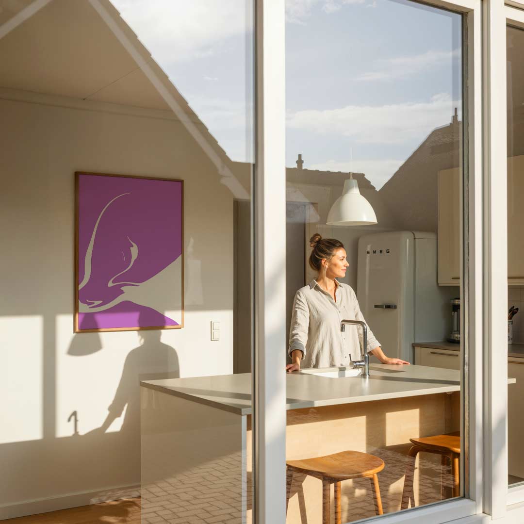 Vrouwelijke Gratie in Paars Poster-WallArtistic