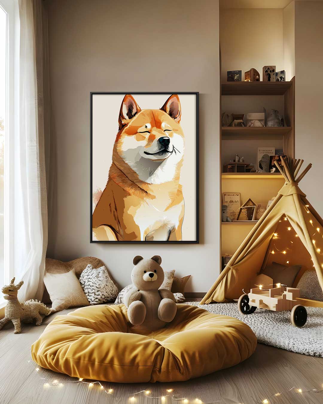 Vrolijke Shiba Inu Portret Kunstwerk-canvas-dibond-plexiglas-wanddecoratie-WallArtistic