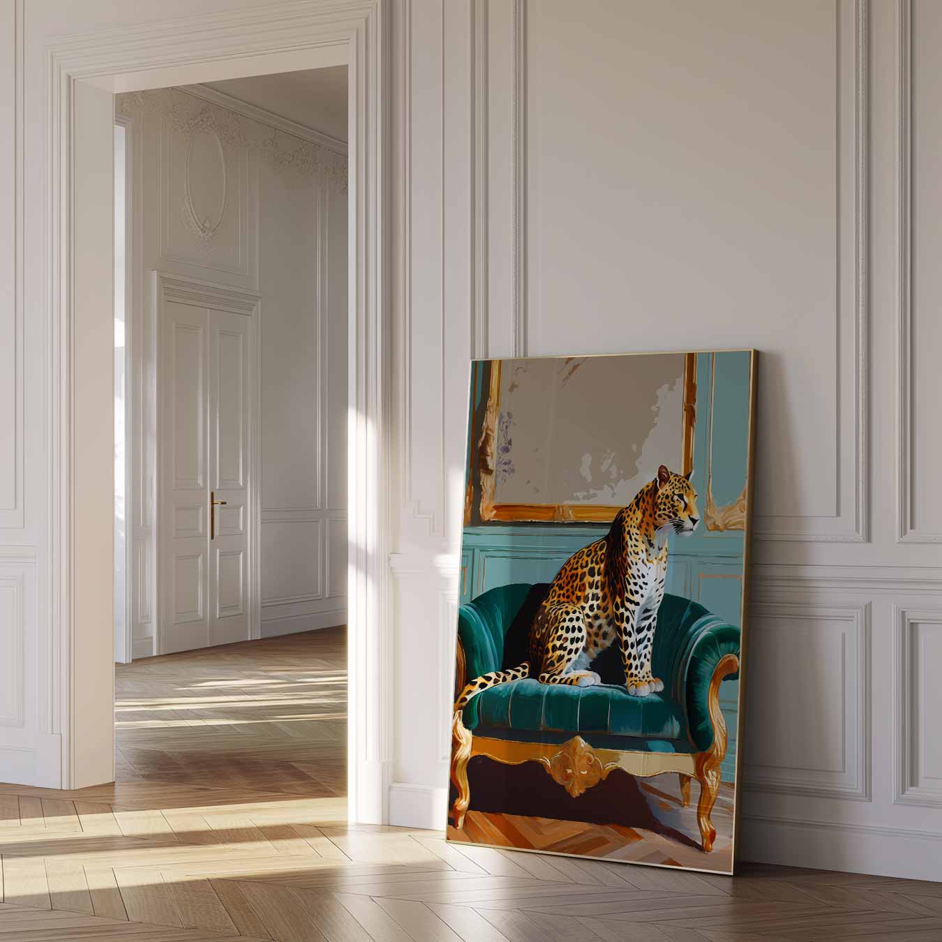 Elegante Luipaard op Luxe Sofa Poster-WallArtistic