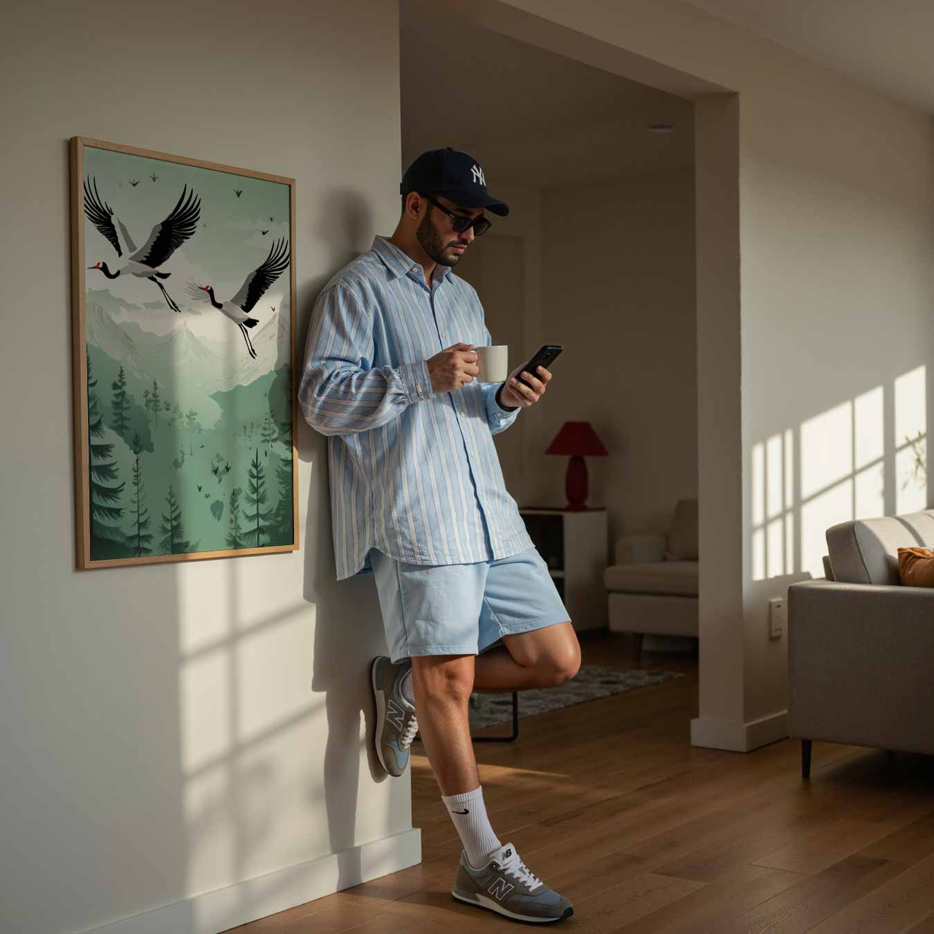 Zwevende Kraanvogels in Berglandschap Poster-WallArtistic