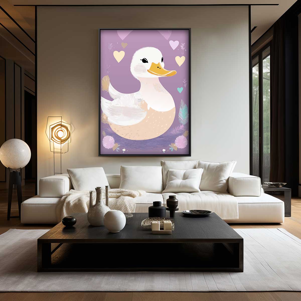 Schattige Eend op Paarse Achtergrond Kunstwerk-canvas-dibond-plexiglas-wanddecoratie-WallArtistic