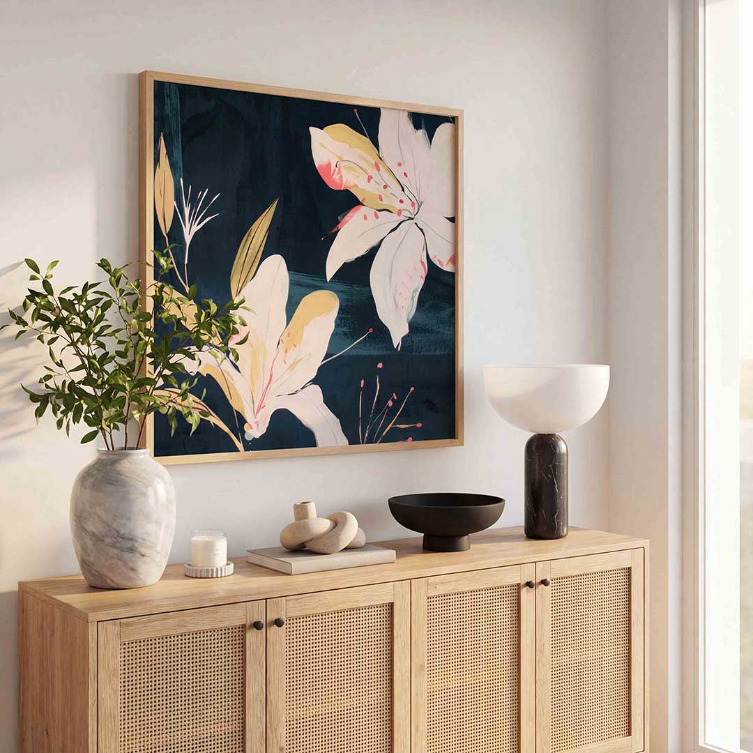 Witte bloemen en bladeren Poster