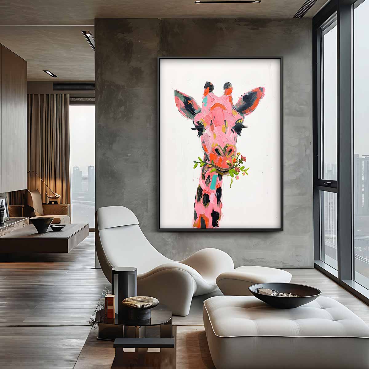 Kleurrijke Giraffe Bloemenpracht Kunstwerk-canvas-dibond-plexiglas-wanddecoratie-WallArtistic