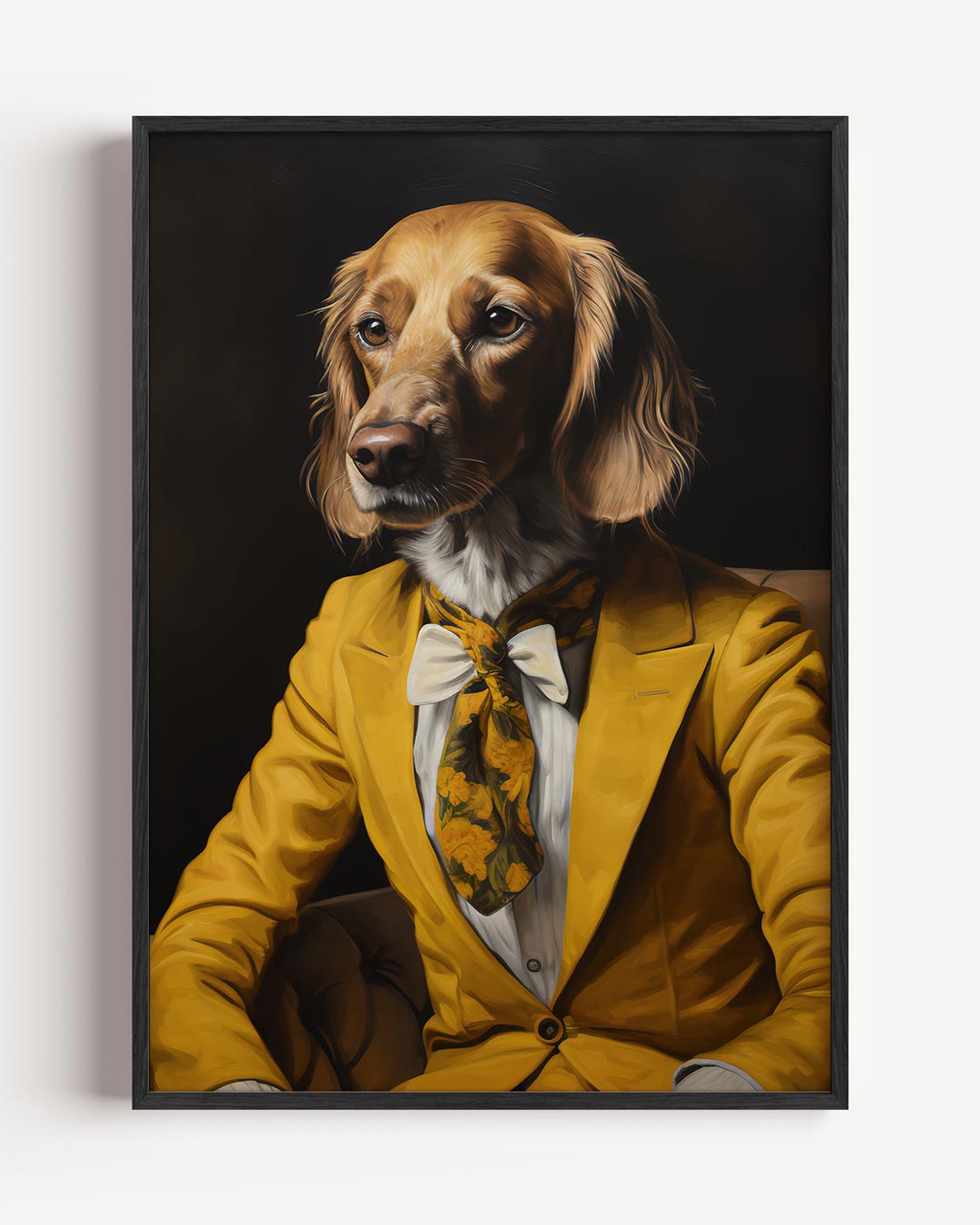 Stijlvolle Hond in Geel Kostuum Poster-WallArtistic