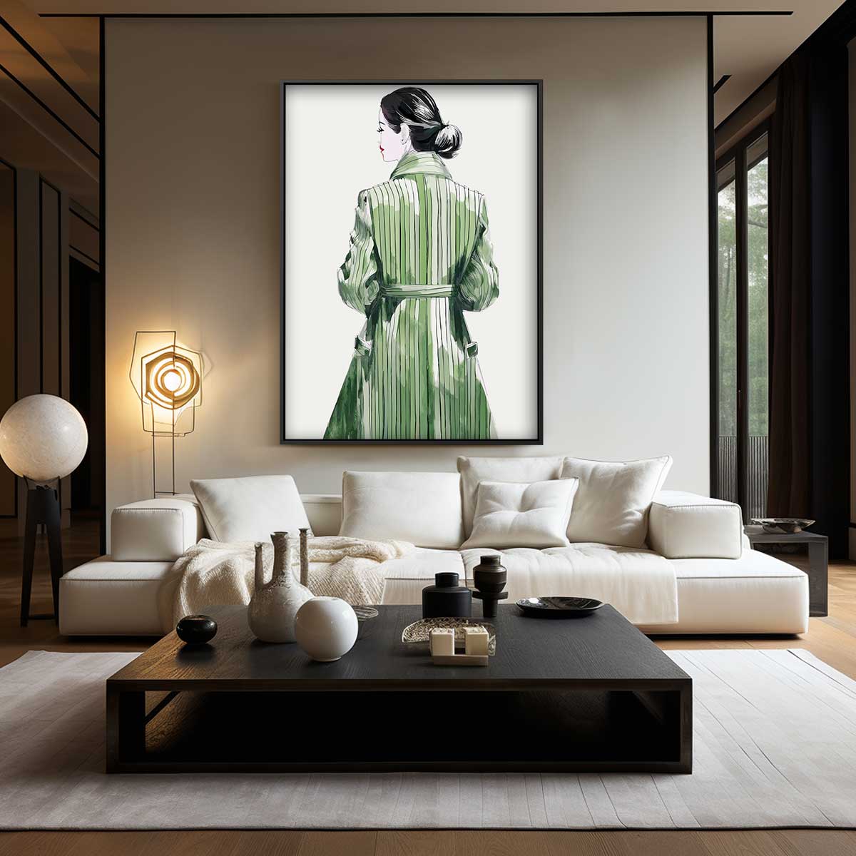 Elegante Gestalte in Groene Jas Kunstwerk-canvas-dibond-plexiglas-wanddecoratie-WallArtistic