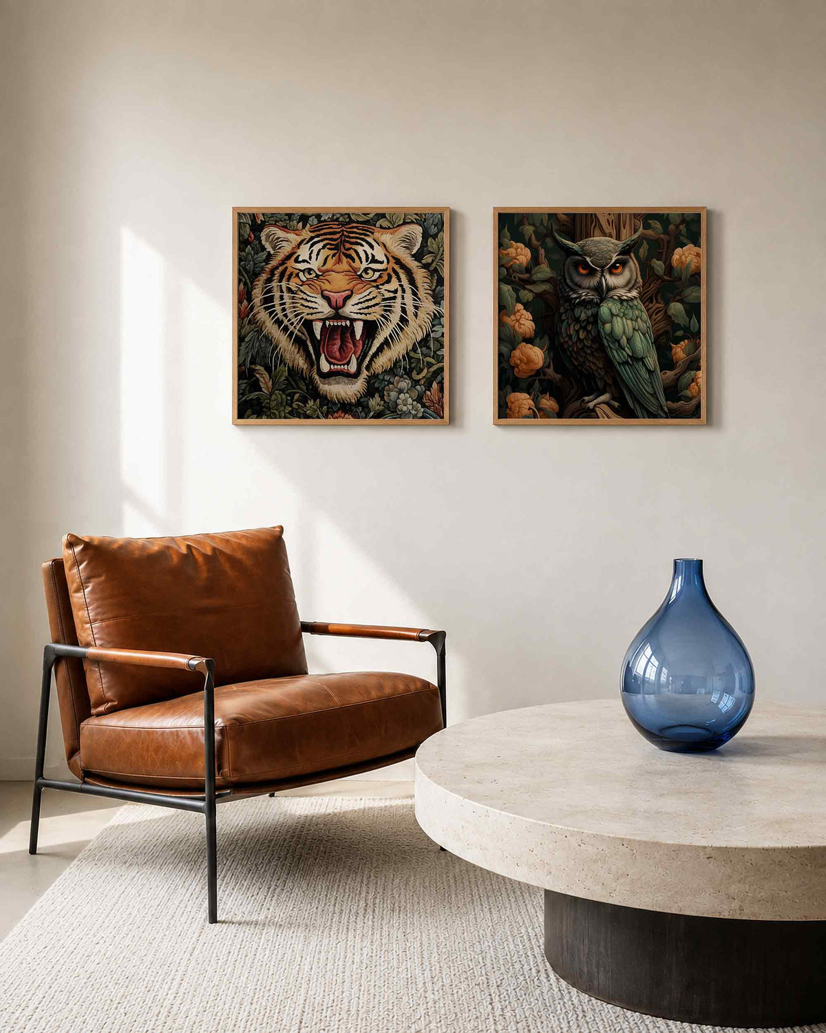 Interieurpresentatie van een tweedelige vierkante posterset met tijger en uil