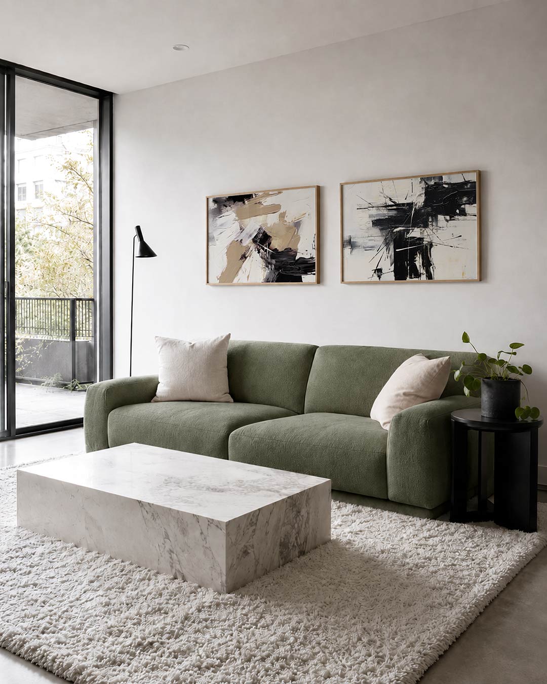 Twee liggende posters met een krachtig spel van dikke penseelstreken in zwart, wit en beige, aan de muur in een interieur
