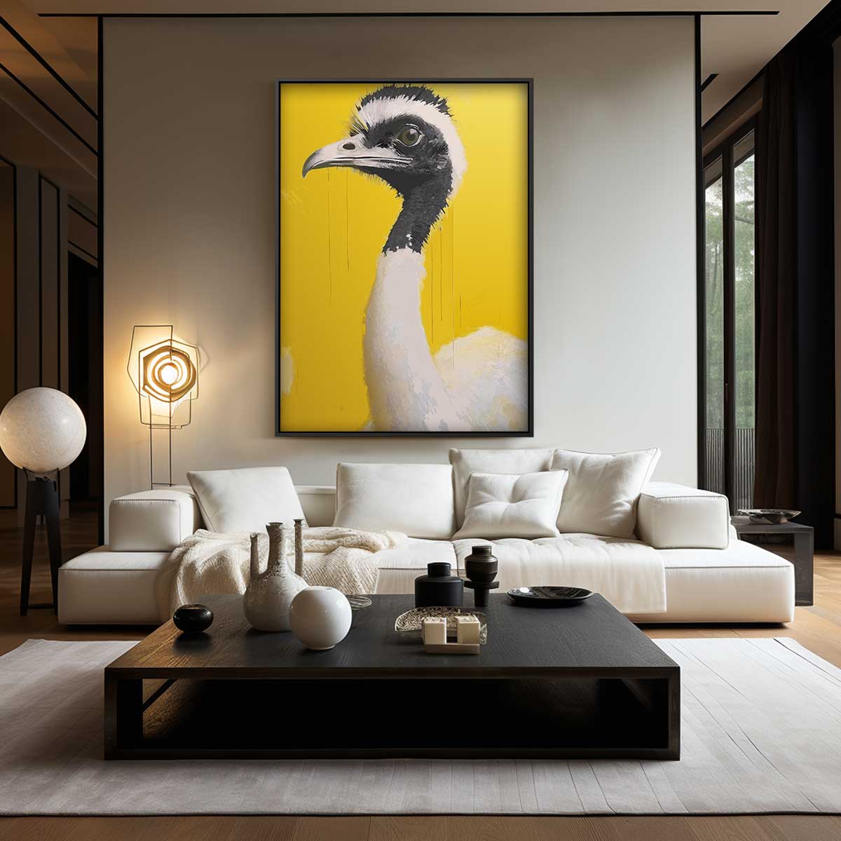 Majestueuze Vogel op Geel Kunstwerk-canvas-dibond-plexiglas-wanddecoratie-WallArtistic