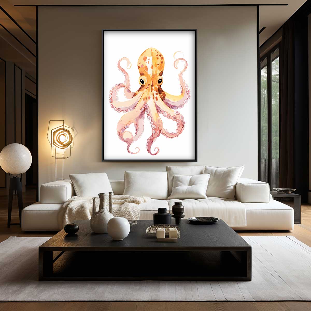 Vrolijke Octopus Illustratie Kunstwerk-canvas-dibond-plexiglas-wanddecoratie-WallArtistic