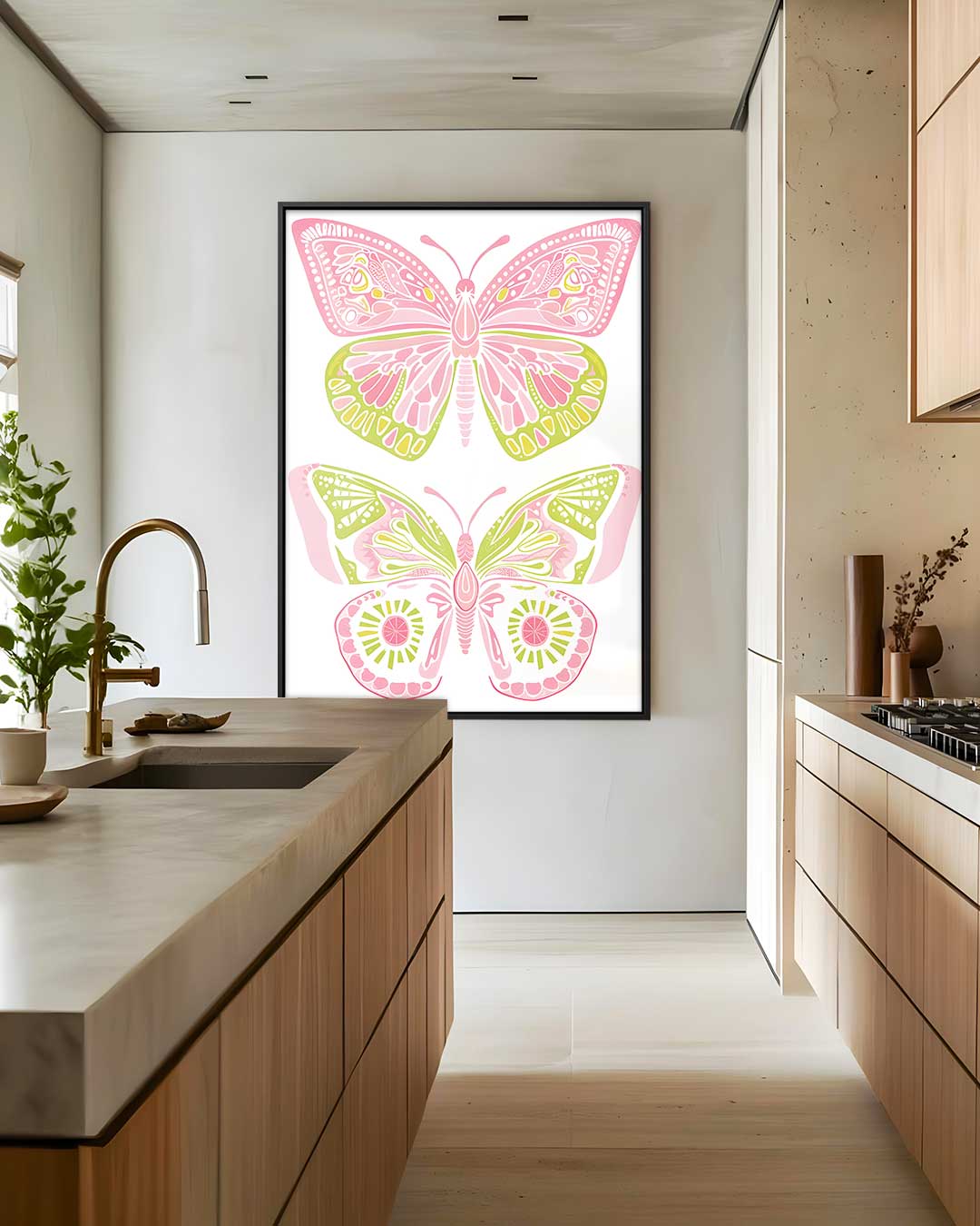 Vlinderdroom in Roze en Groen Kunstwerk-canvas-dibond-plexiglas-wanddecoratie-WallArtistic
