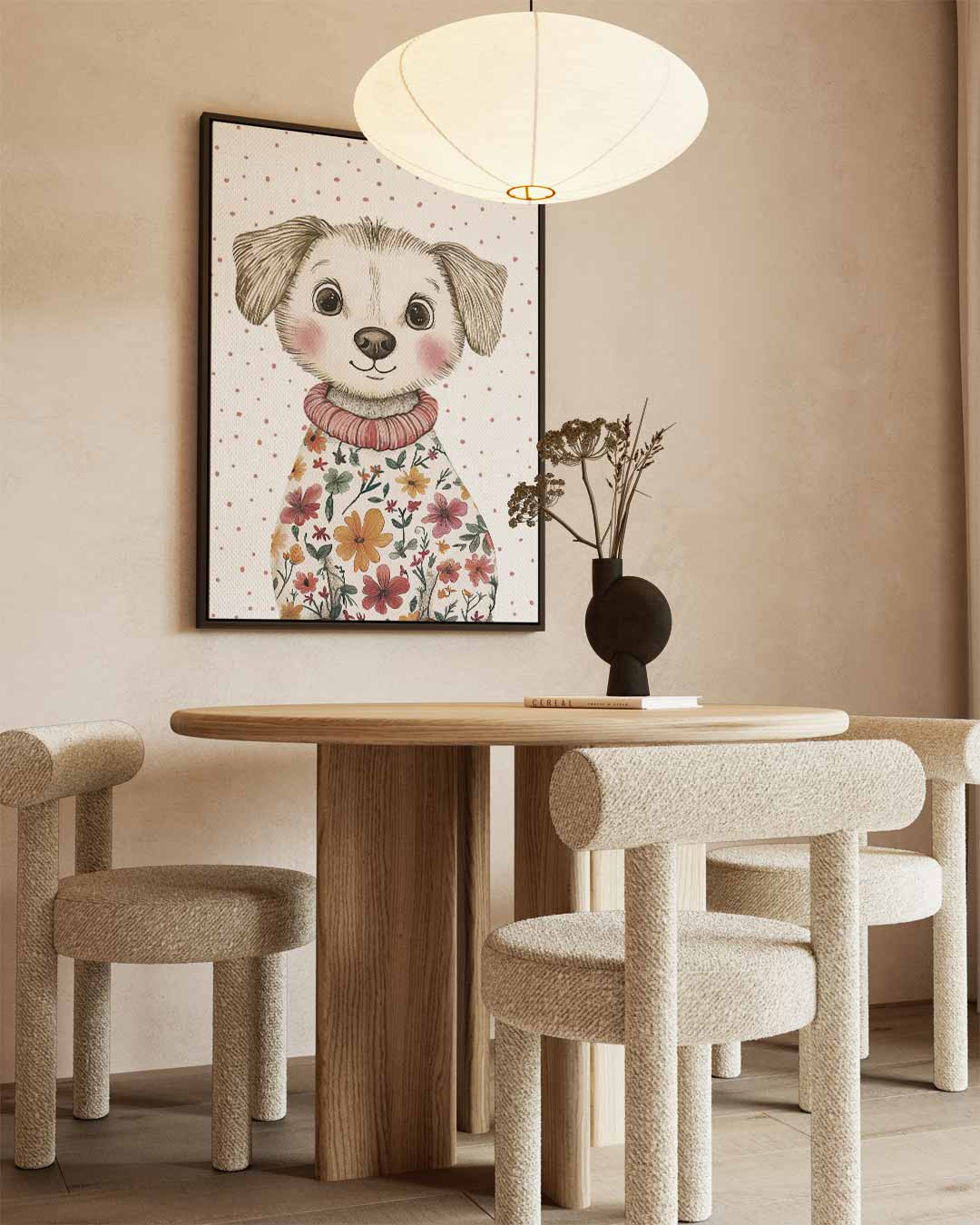 Vrolijke Pup in Bloemenjas Kunstwerk-canvas-dibond-plexiglas-wanddecoratie-WallArtistic