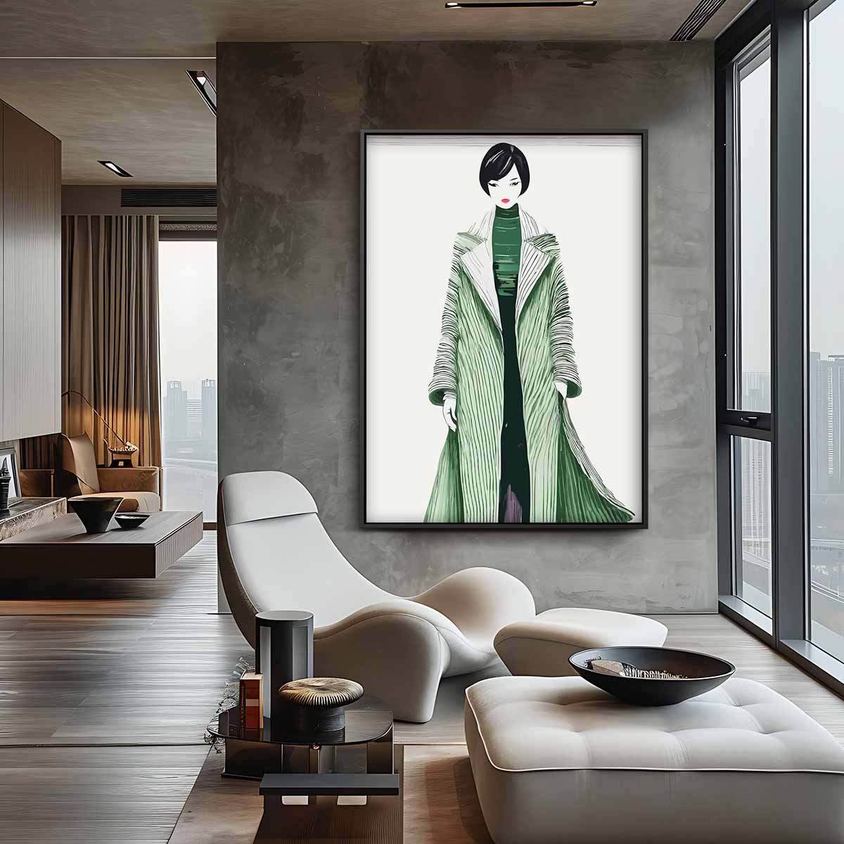 Moderne Modekunst met Groene Jas Kunstwerk-canvas-dibond-plexiglas-wanddecoratie-WallArtistic