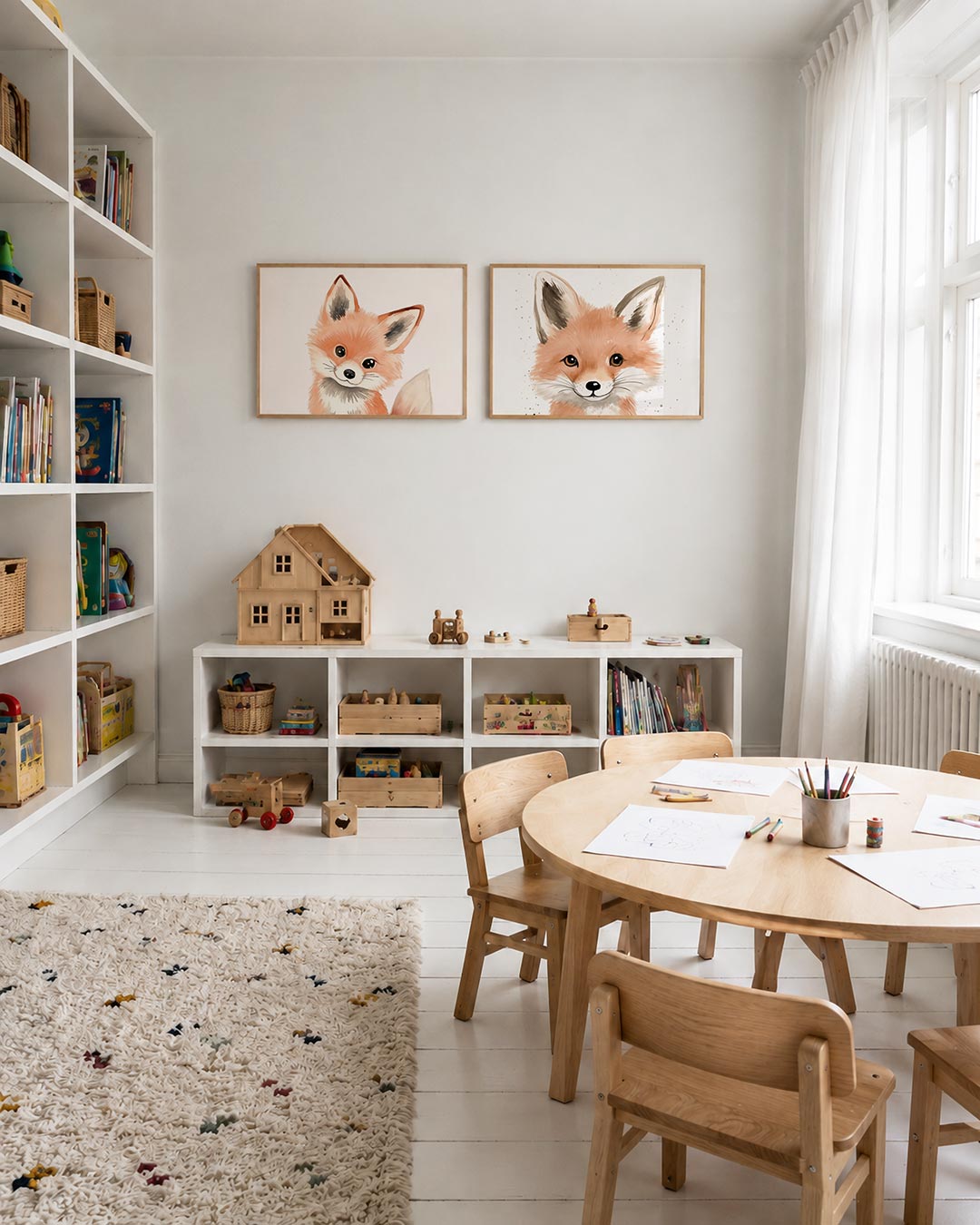 Twee liggende posters met een schattige vos met grote oren en een pluizige staart, aan de muur in een interieur
