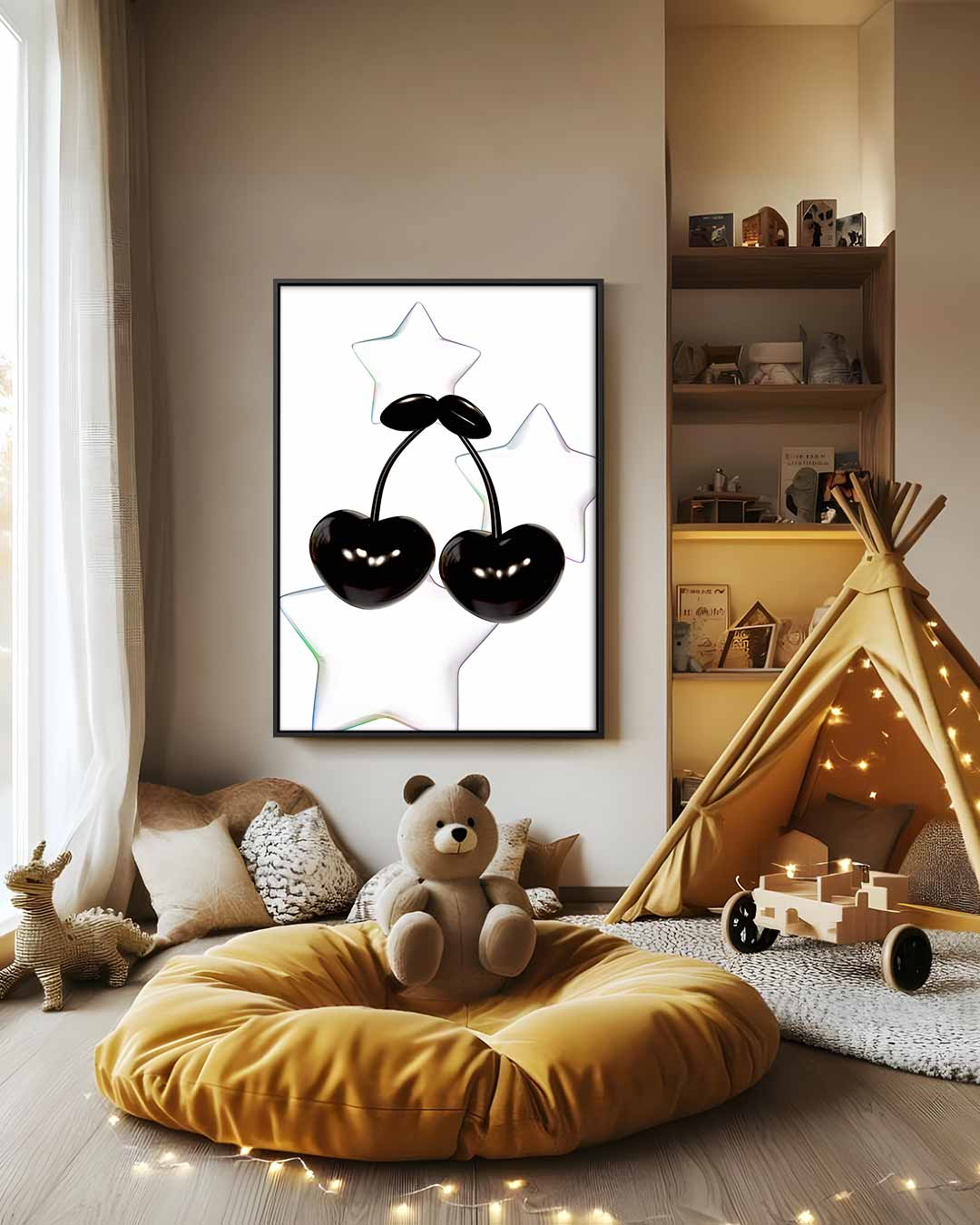 Spelende Kersen en Sterren Kunstwerk-canvas-dibond-plexiglas-wanddecoratie-WallArtistic