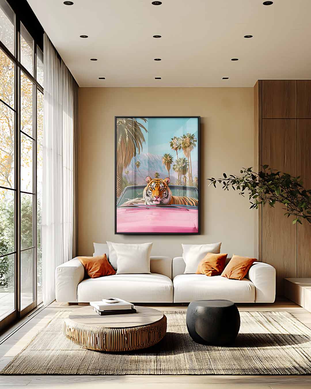 Tijger in de Roze Cabrio Kunstwerk-canvas-dibond-plexiglas-wanddecoratie-WallArtistic
