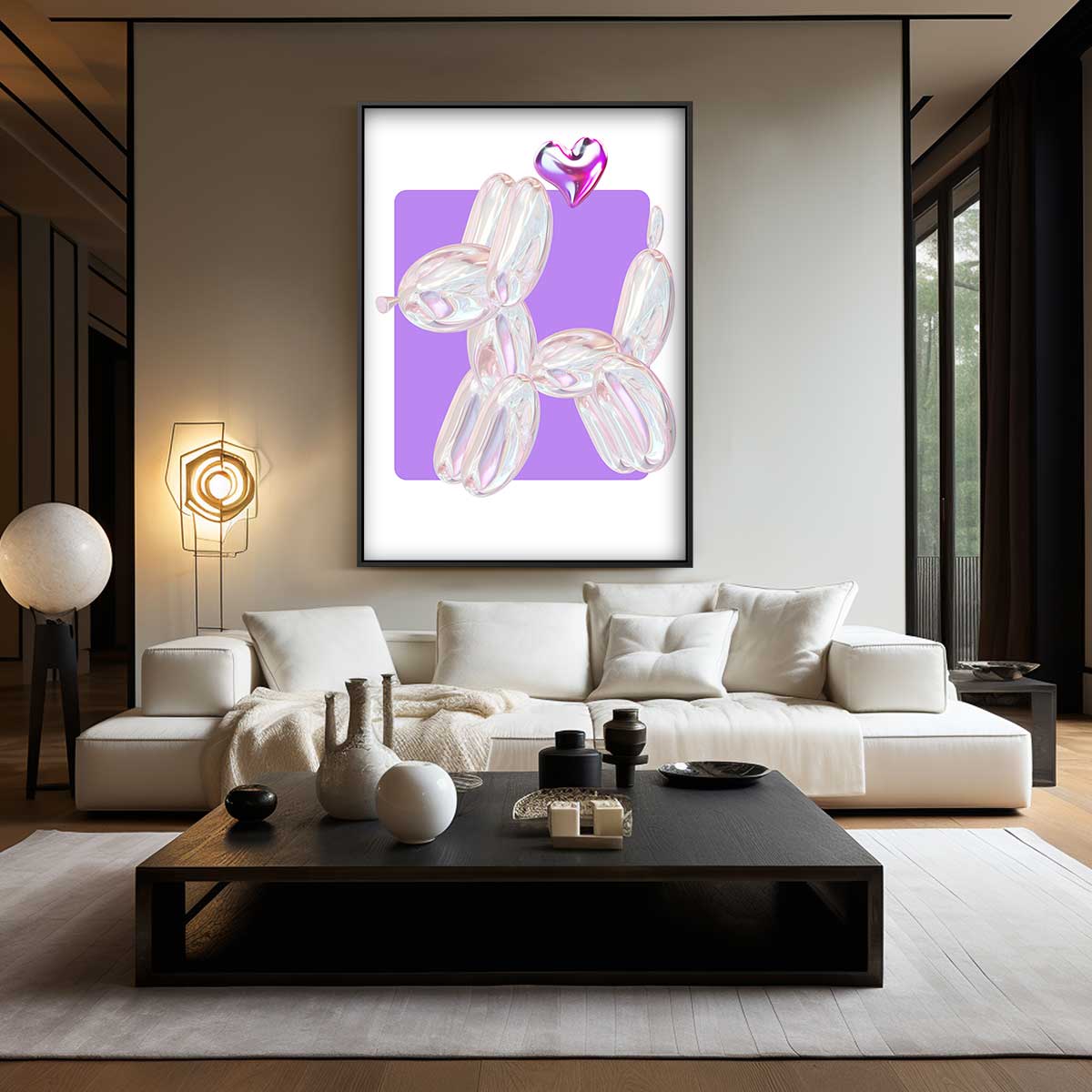 Speelse Ballonhond met Hartje Kunstwerk-canvas-dibond-plexiglas-wanddecoratie-WallArtistic