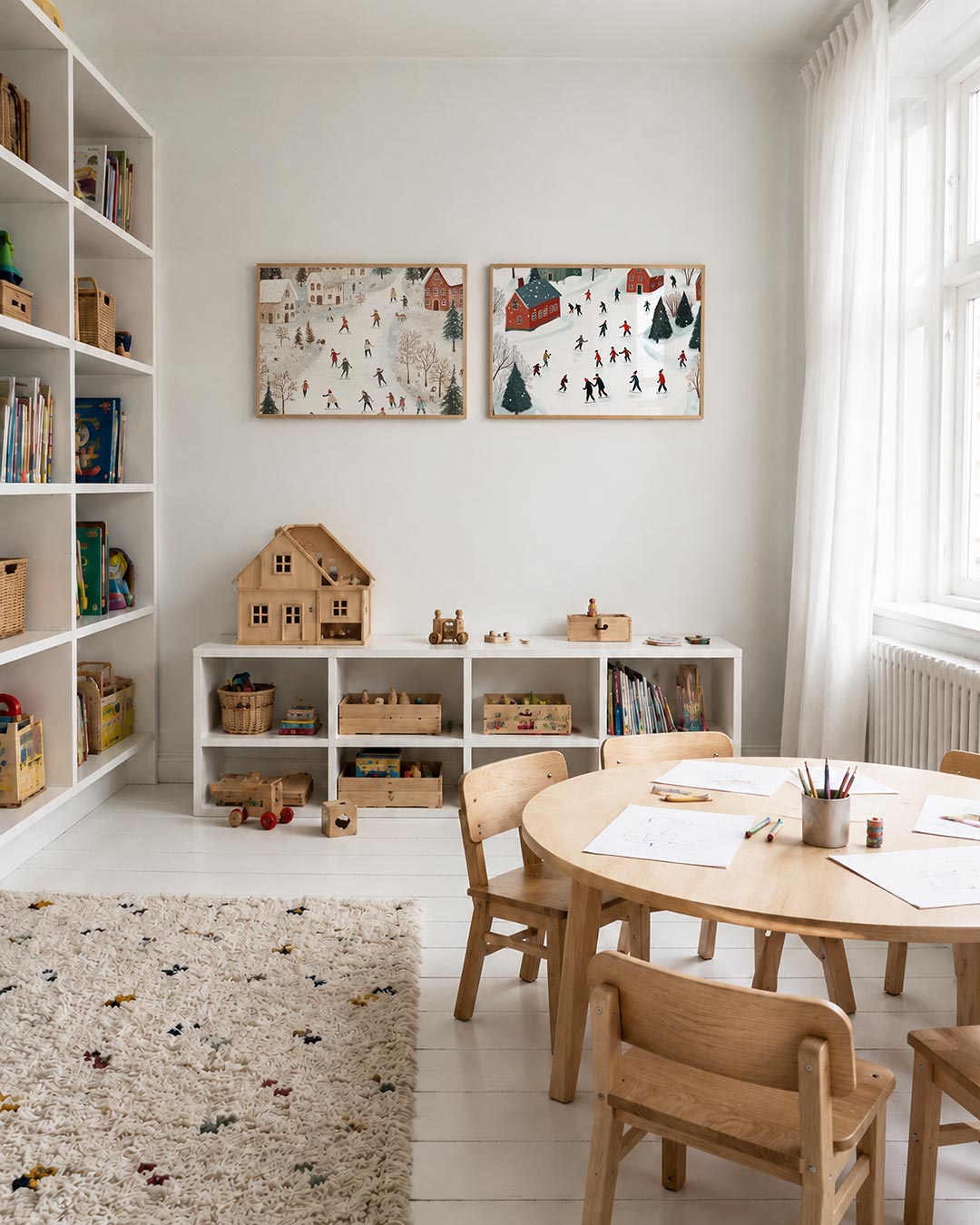 Twee liggende posters met een wintertafereel met schaatsende figuren op een kronkelende ijsbaan, aan de muur in een interieur