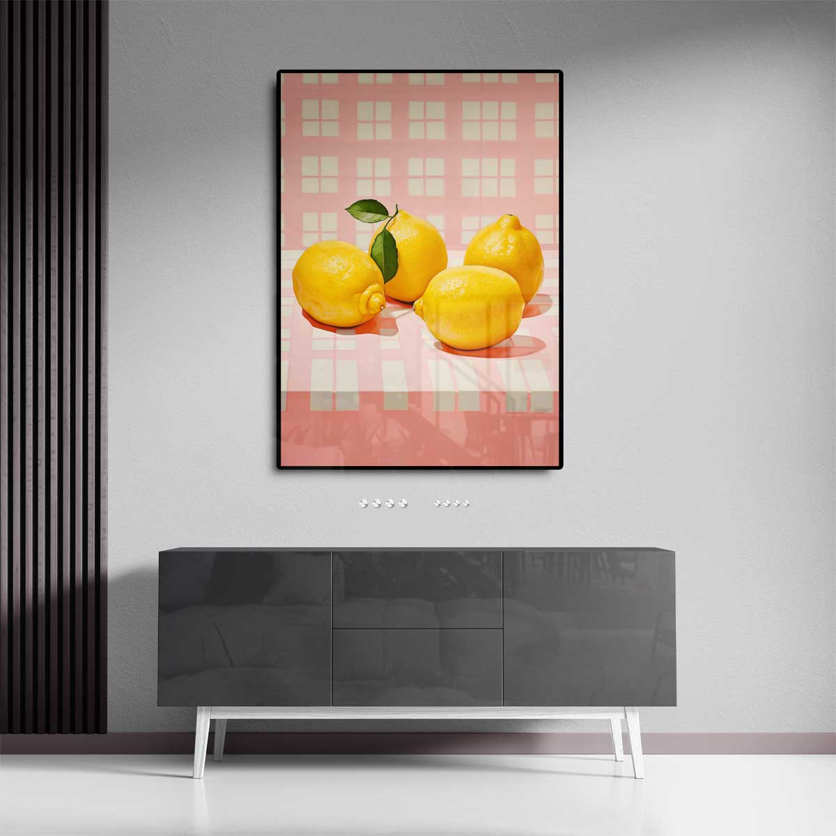 Sprankelende Citroenen op Roze Kunstwerk-canvas-dibond-plexiglas-wanddecoratie-WallArtistic