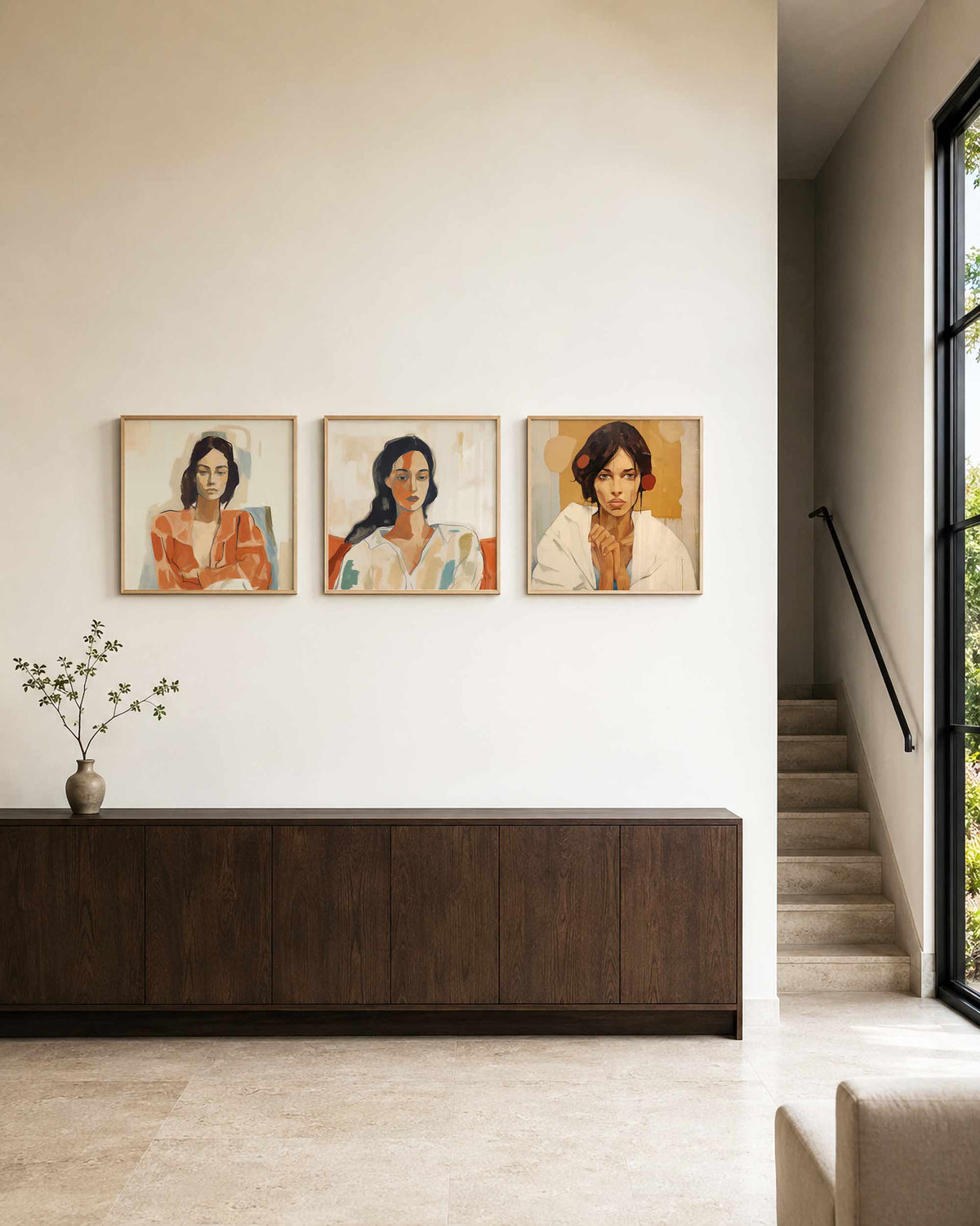 Interieurpresentatie van een driedelige vierkante posterset met abstracte vrouwenportretten
