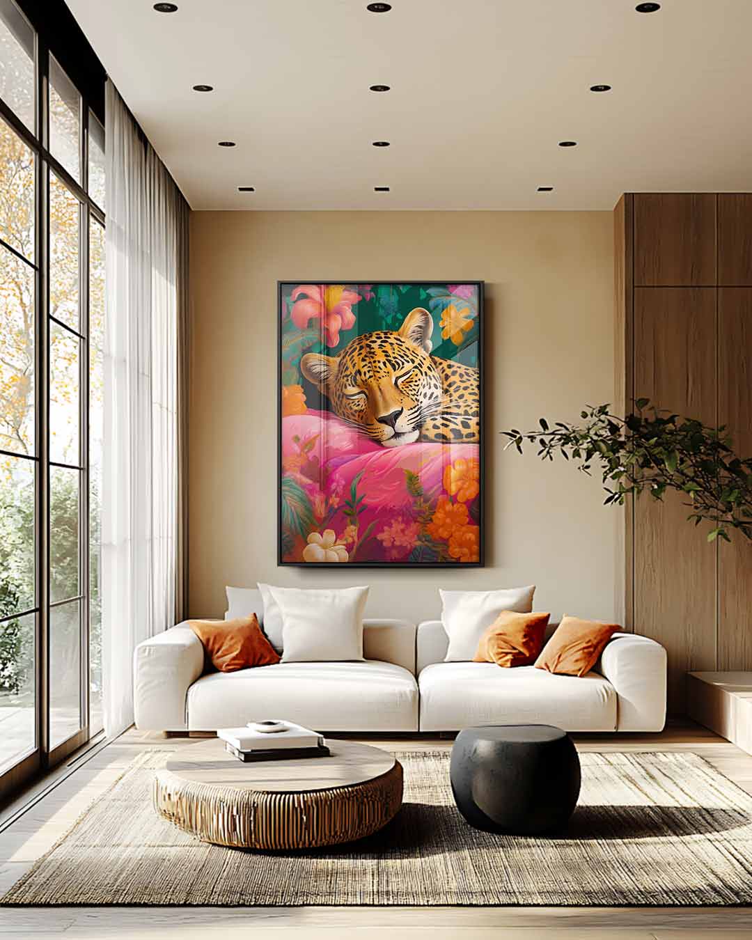 Dromerige Luipaard in Bloemenparadijs Kunstwerk-canvas-dibond-plexiglas-wanddecoratie-WallArtistic