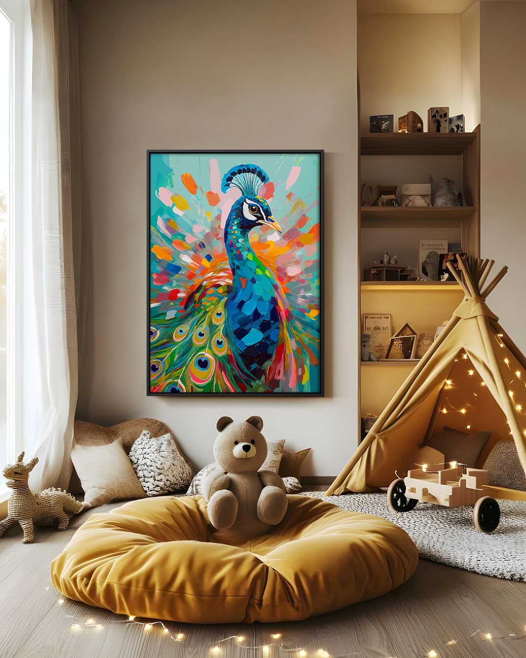 Kleurrijke Pauw Schilderij Kunstwerk-canvas-dibond-plexiglas-wanddecoratie-WallArtistic