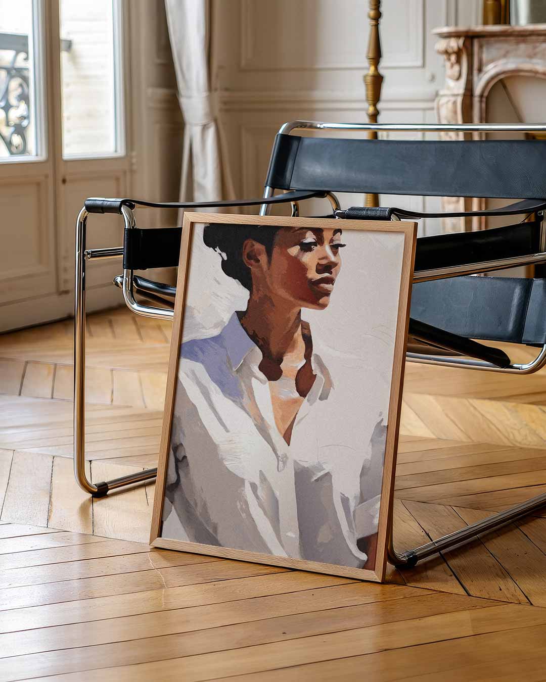 Elegante Vrouw in Witte Blouse Poster
