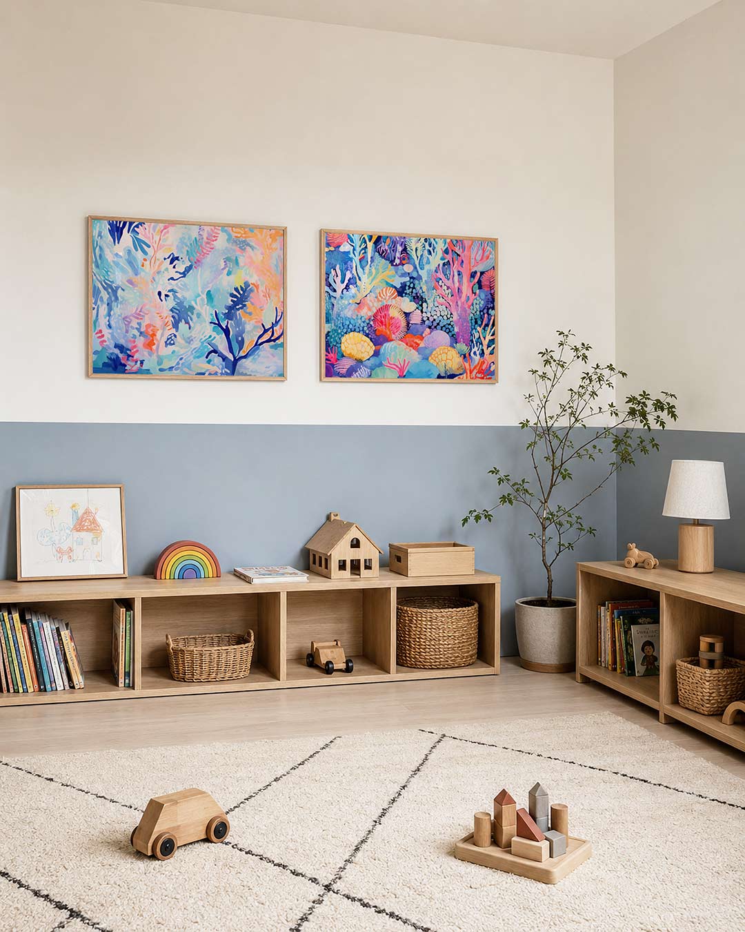 Interieurpresentatie van twee posters met organische vormen en kleuren