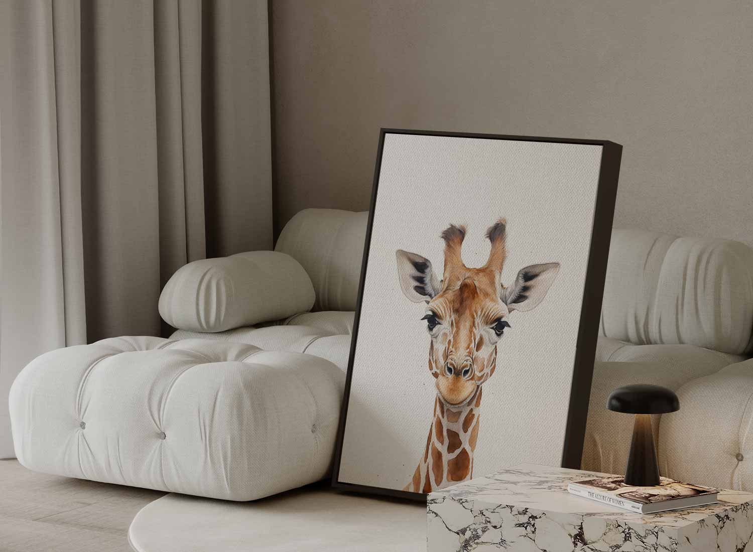 Vrolijke Giraffe Portret Kunstwerk-canvas-dibond-plexiglas-wanddecoratie-WallArtistic