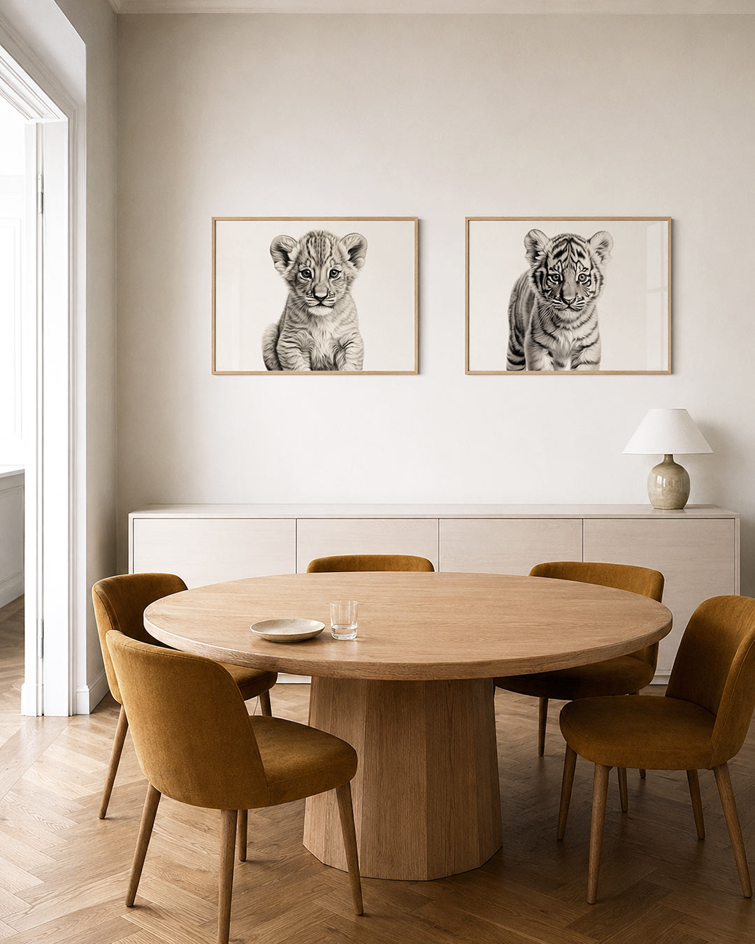 Interieurpresentatie van twee posters met donkere tinten en een rustige visuele opbouw