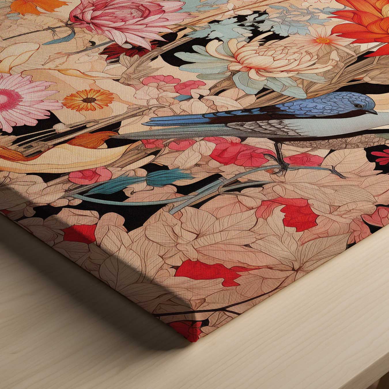 Vrolijke Bloemnatuur met Blauwe Vogel Kunstwerk-canvas-dibond-plexiglas-wanddecoratie-WallArtistic