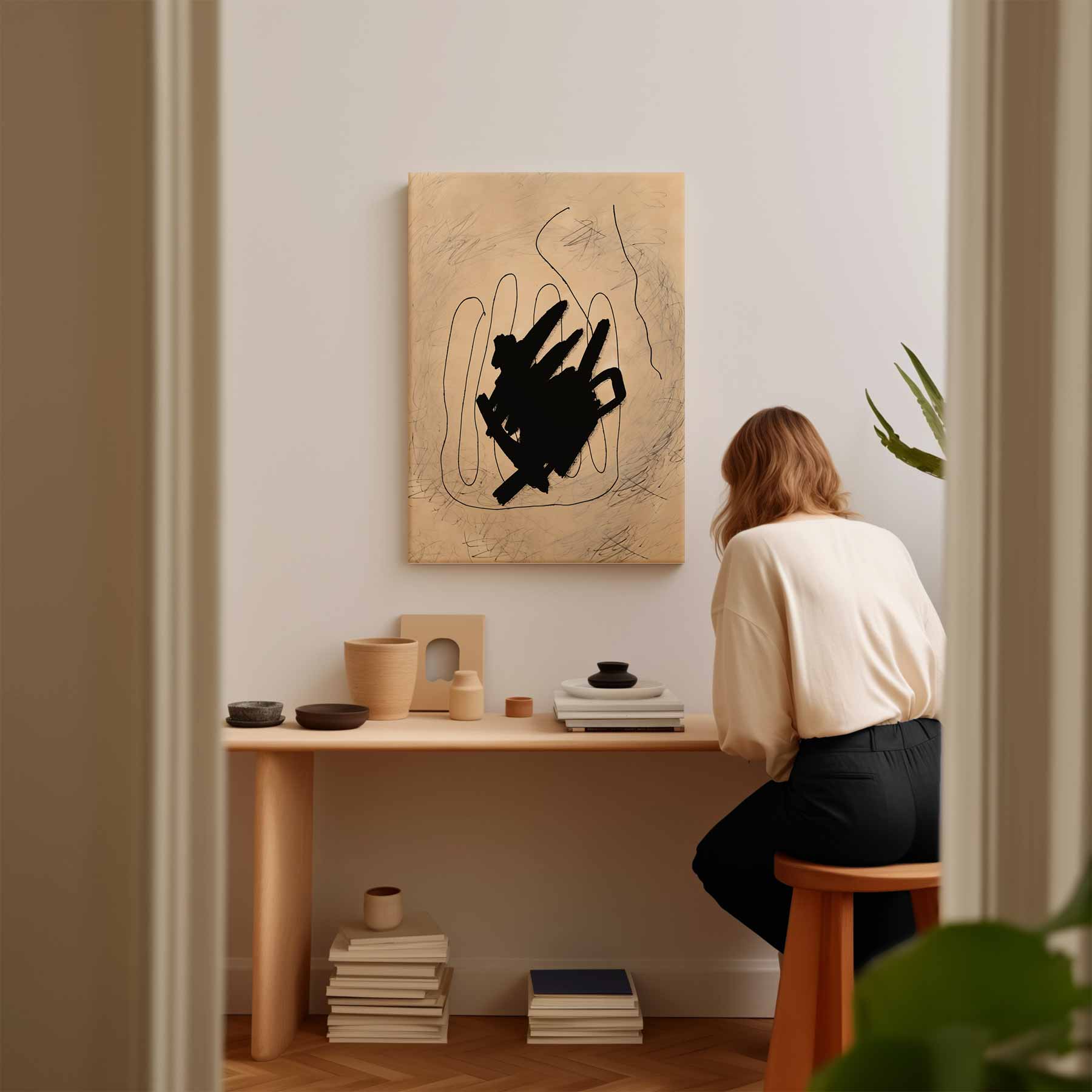Abstracte Expressie in Zwart en Beige Kunstwerk-canvas-dibond-plexiglas-wanddecoratie-WallArtistic