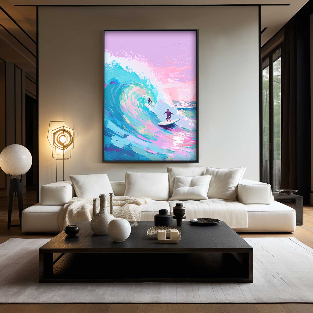 Surfen op Kleurrijke Golven Kunstwerk-canvas-dibond-plexiglas-wanddecoratie-WallArtistic