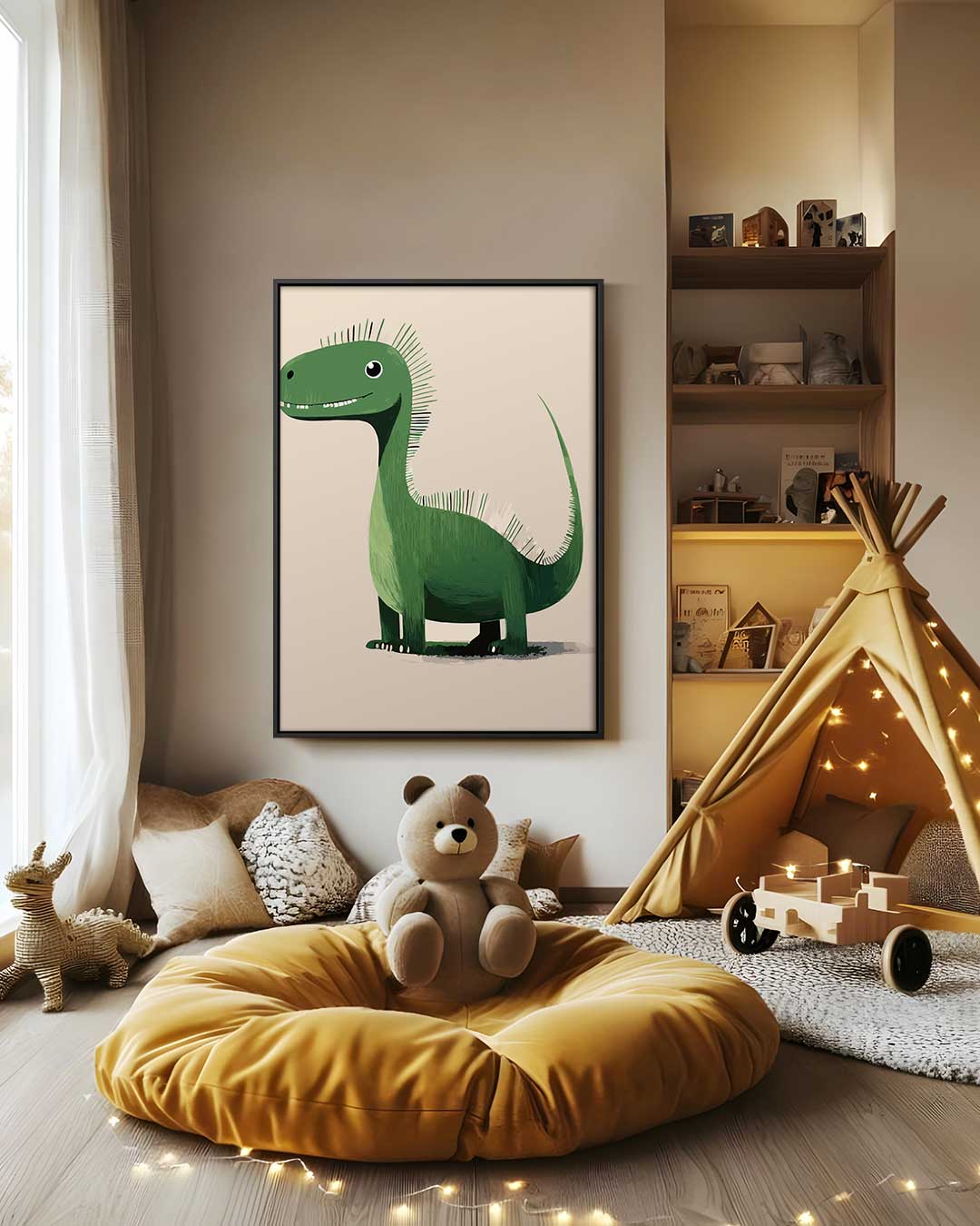 Groene Dino Vrolijkheid Kunstwerk-canvas-dibond-plexiglas-wanddecoratie-WallArtistic
