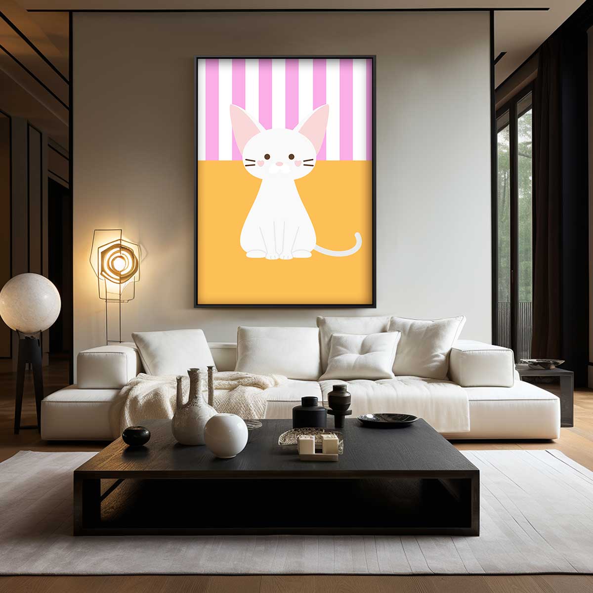 Schattige Kat op Streepjesachtergrond Kunstwerk-canvas-dibond-plexiglas-wanddecoratie-WallArtistic
