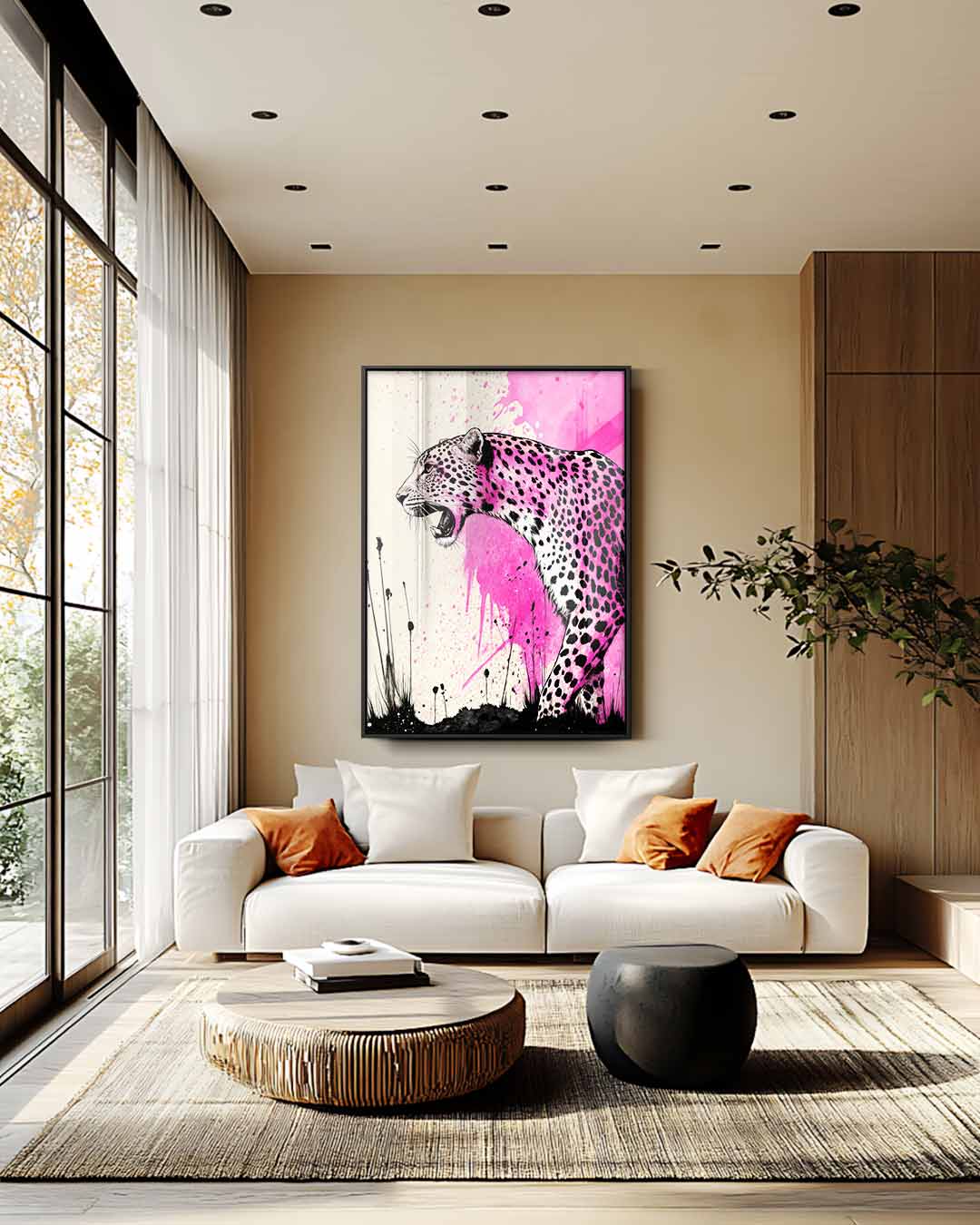 Roze Luipaard Expressie Kunstwerk-canvas-dibond-plexiglas-wanddecoratie-WallArtistic