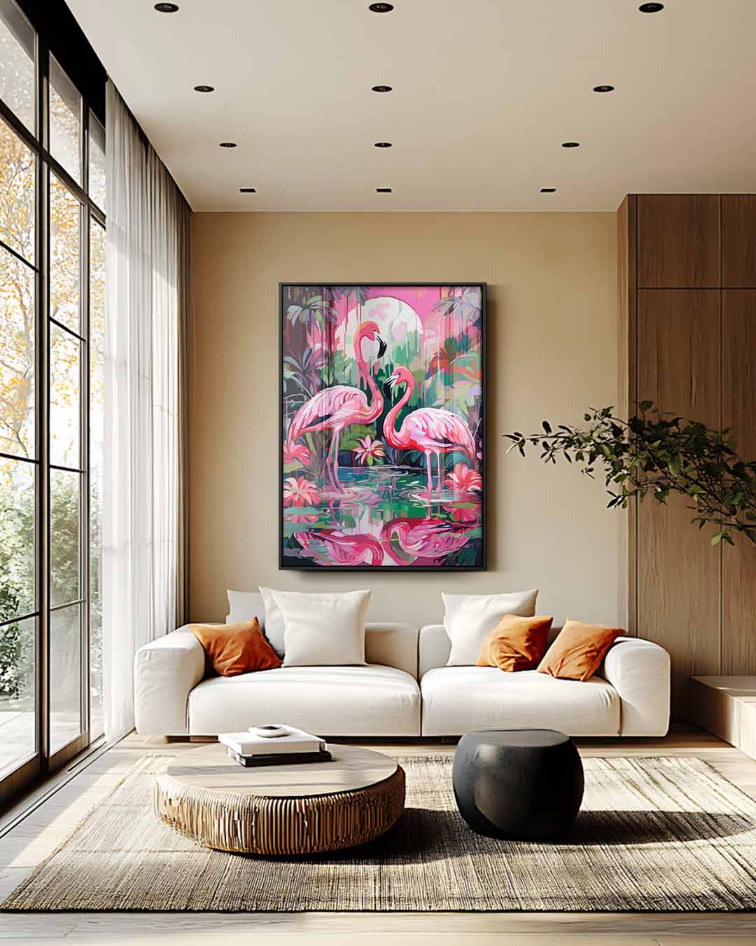Tropische Flamingo's bij Zonsondergang Kunstwerk-canvas-dibond-plexiglas-wanddecoratie-WallArtistic