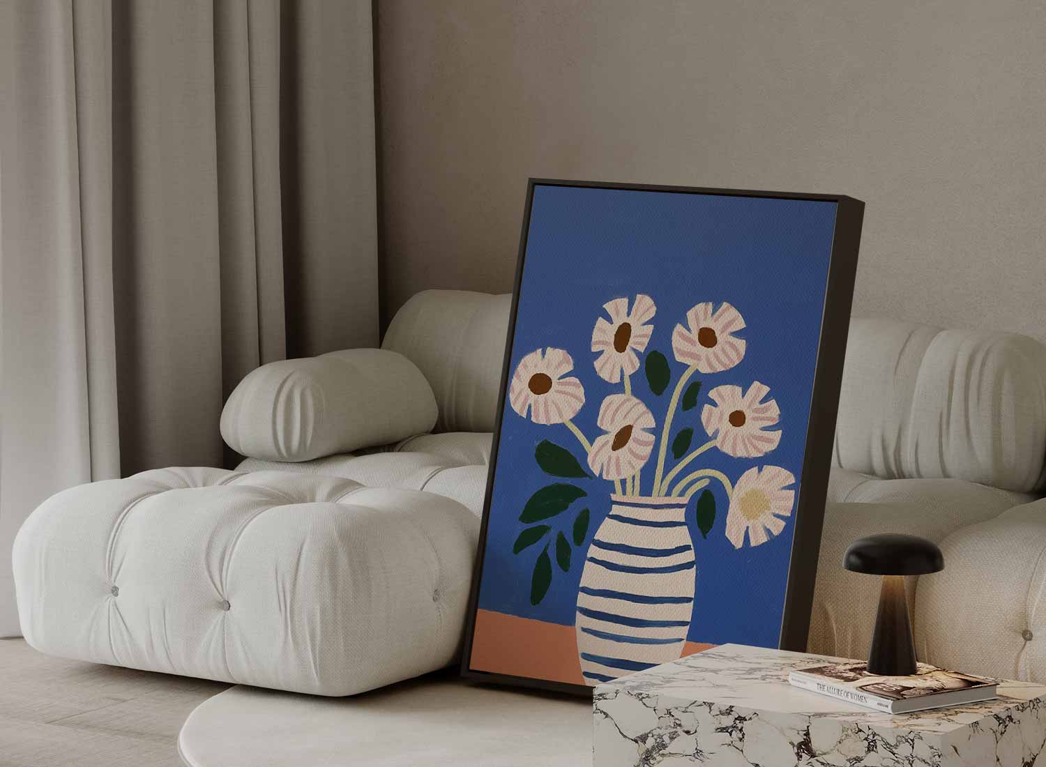 Stralende Bloemen in Gestreepte Vaas Kunstwerk-canvas-dibond-plexiglas-wanddecoratie-WallArtistic