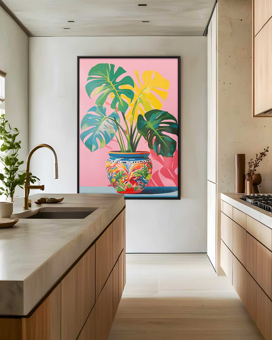 Tropische Monstera in Vrolijke Pot Kunstwerk-canvas-dibond-plexiglas-wanddecoratie-WallArtistic