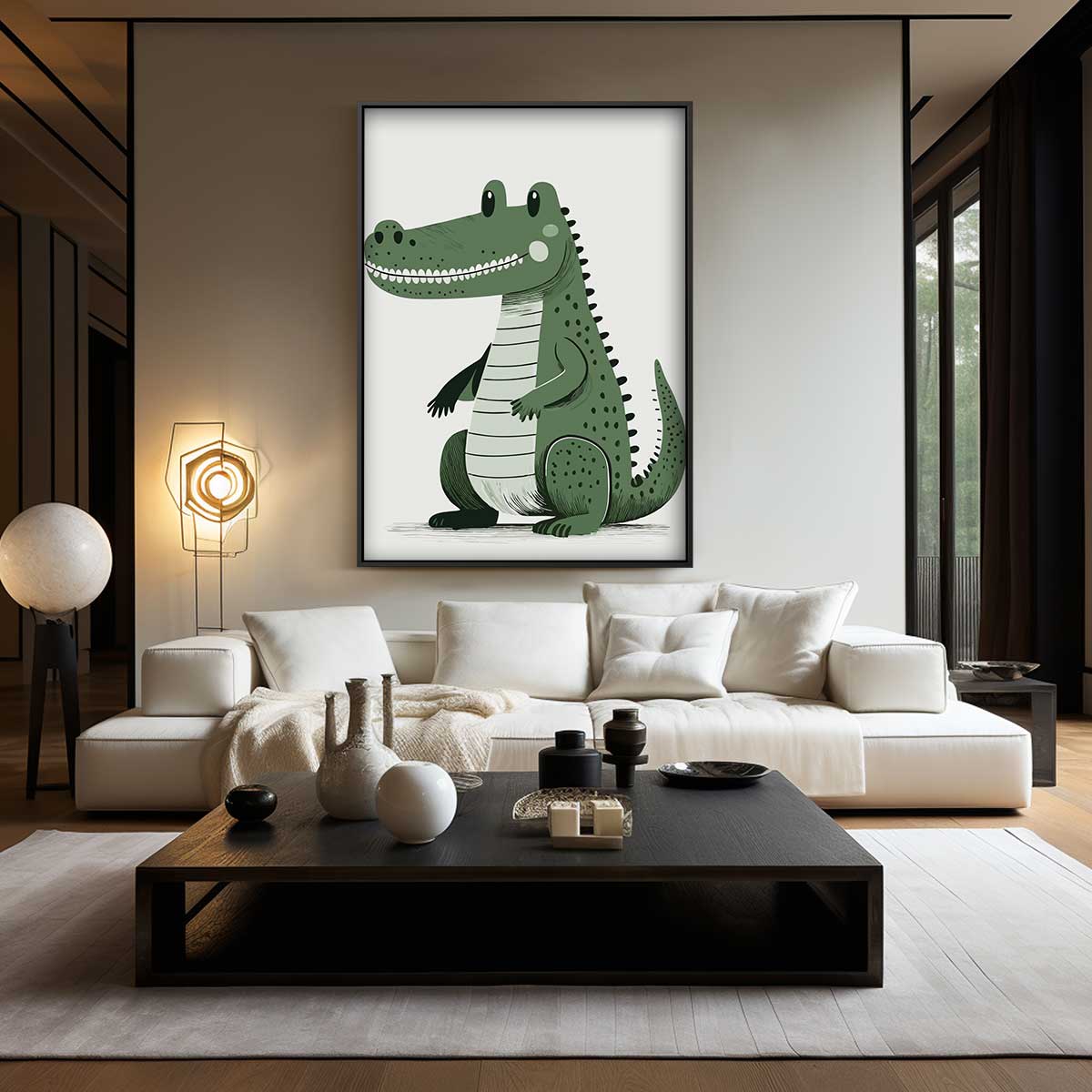 Schattige Groene Krokodil Illustratie Kunstwerk-canvas-dibond-plexiglas-wanddecoratie-WallArtistic