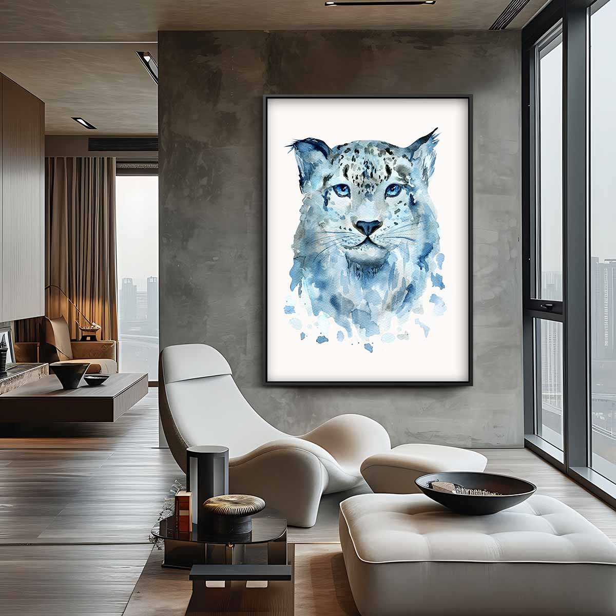 Blauwe Sneeuwluipaard Kunst Kunstwerk-canvas-dibond-plexiglas-wanddecoratie-WallArtistic