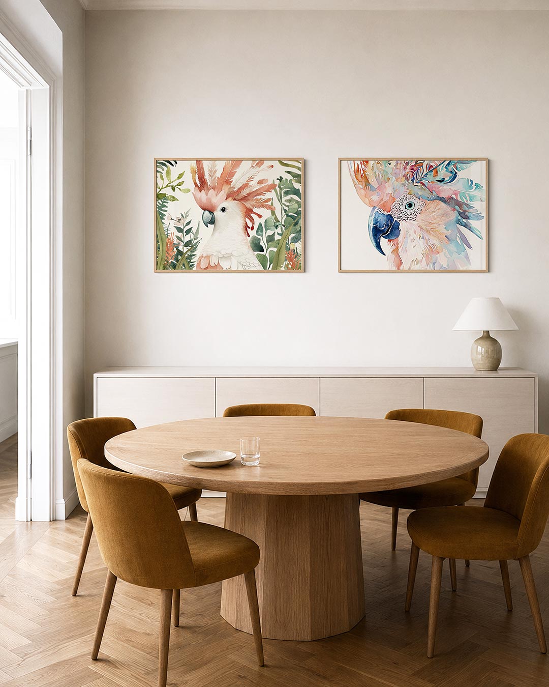 Interieurpresentatie van twee posters met een kleurrijke vogel met een opvallende kuif van roze en oranje veren