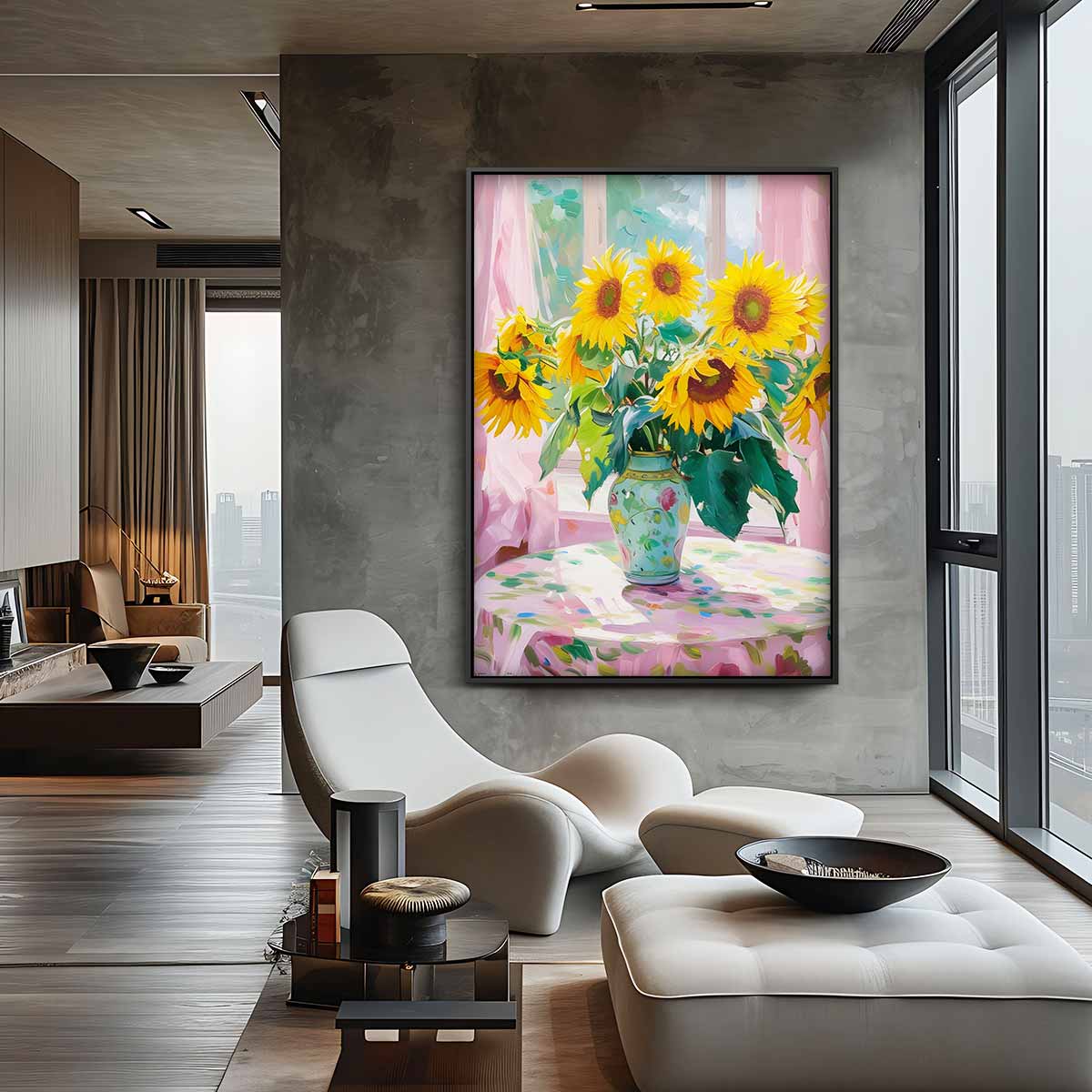 Zonnige Zonnebloemen in Vensterlicht Kunstwerk-canvas-dibond-plexiglas-wanddecoratie-WallArtistic