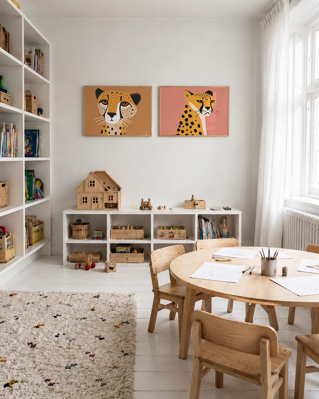 Interieurpresentatie van twee posters met een speelse cheetah met grote ogen en stippen