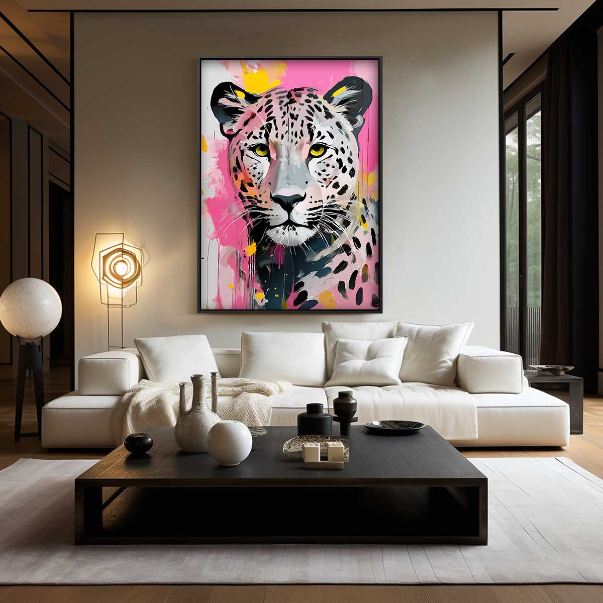 Kleurrijke Luipaard Expressie Kunstwerk-canvas-dibond-plexiglas-wanddecoratie-WallArtistic